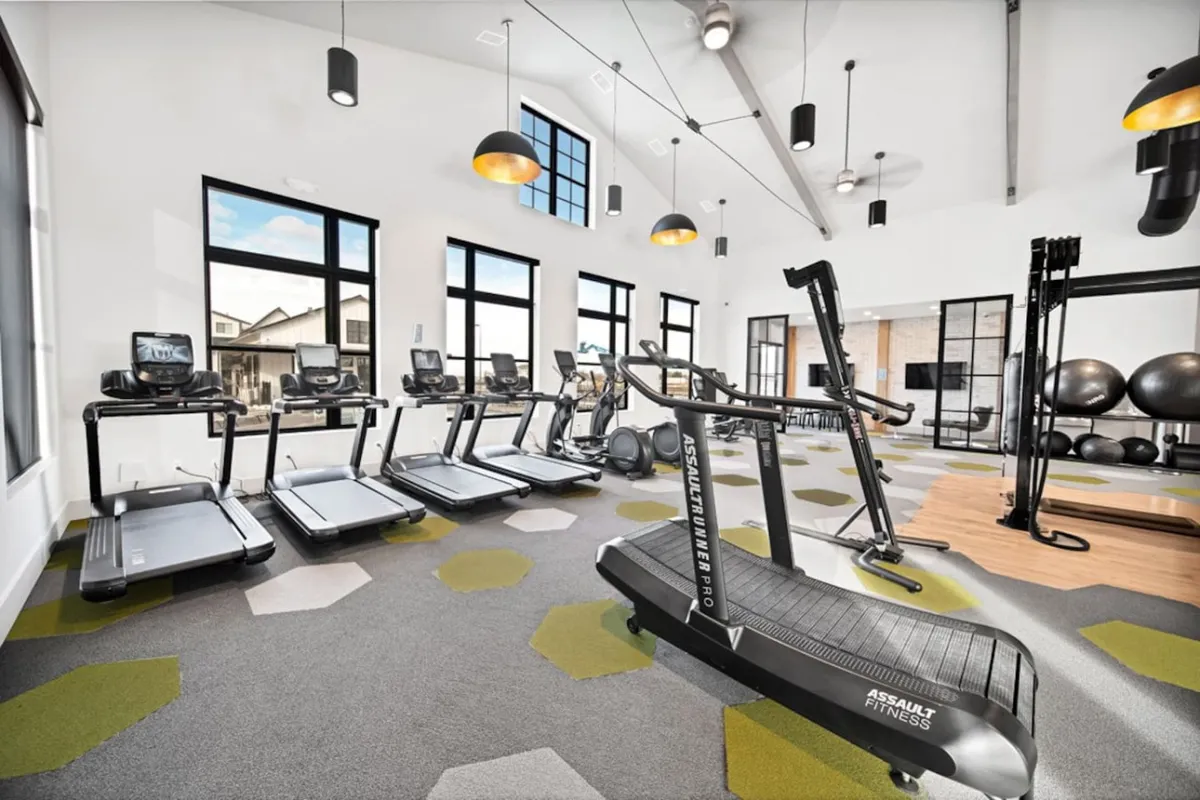 A bright, modern fitness center filled with natural light, featuring treadmills, exercise balls, and large windows overlooking the outdoors. The energetic vibe is conducive to both solo and group workouts.